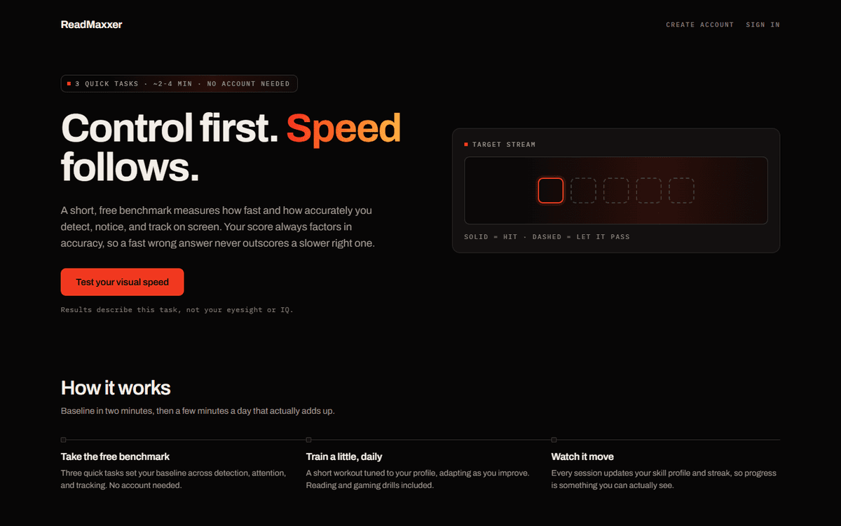 ReadMaxxer speed-reading training dashboard