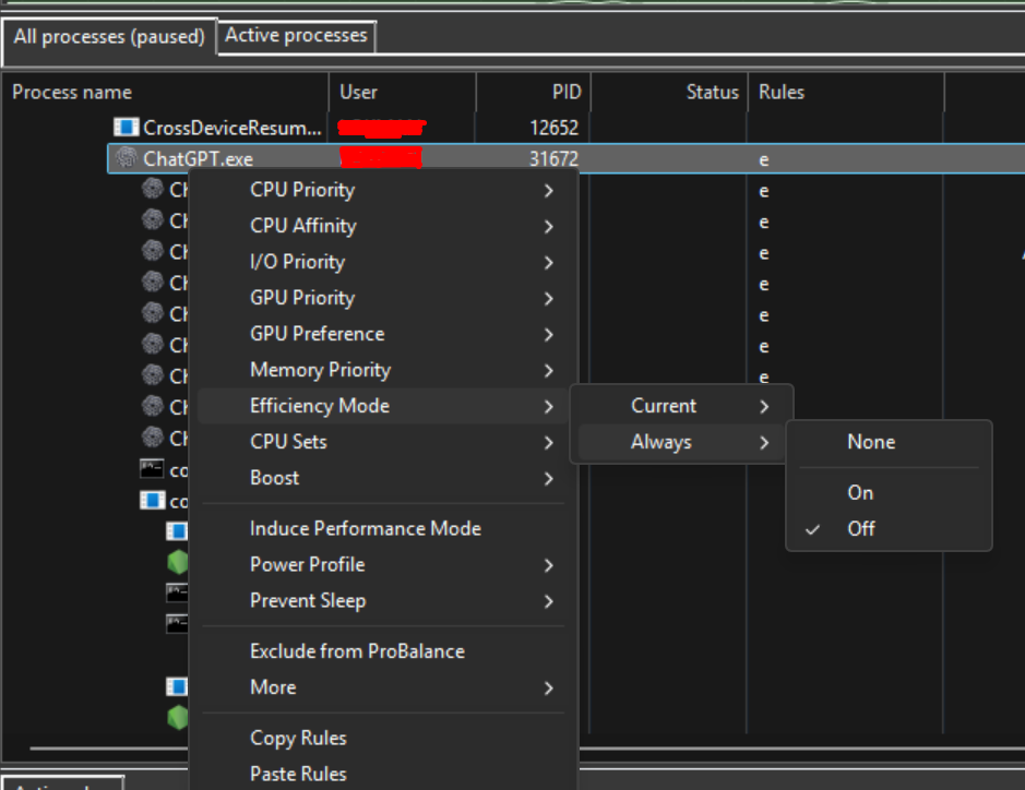 Process Lasso on Windows 11 showing the Efficiency Mode Always Off rule for ChatGPT.exe and the e indicator in the Rules column