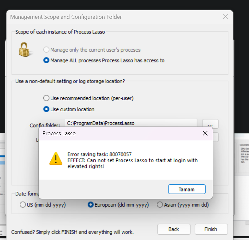 Process Lasso installer error about starting the GUI at login with elevated rights