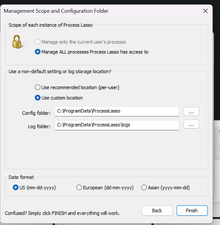 Process Lasso management scope and configuration folder selected during installation