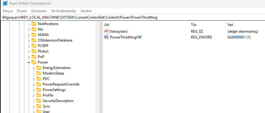 PowerThrottlingOff set to 1 in Windows Registry Editor